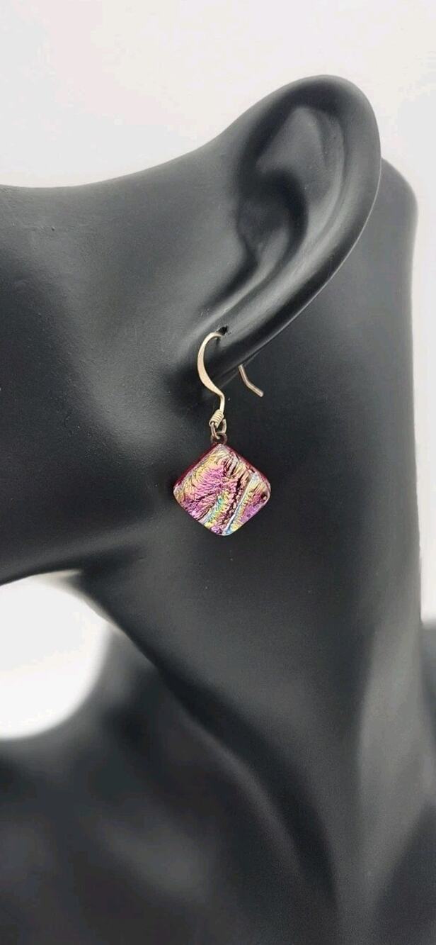 Handmade Dichroic Glass Dangle Earrings Red Pink Iridescent Square Drop Hooks